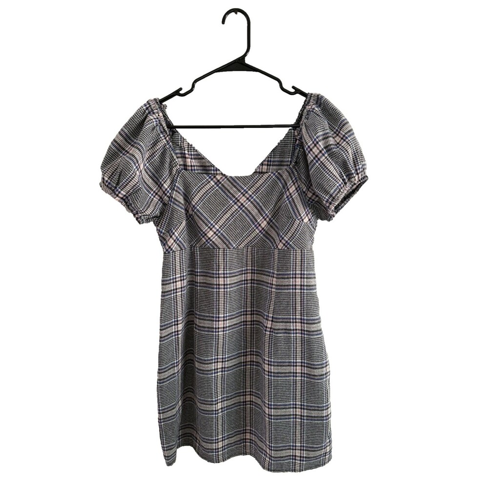 Altar’d State Plaid Mini Dress Women Size L Puff Sleeves Square Neck Preppy